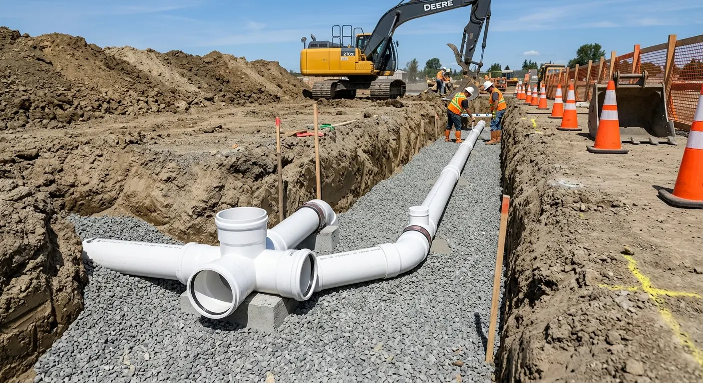 New PVC sewer pipe installation in open trench for Sewer Backup in Miramar Beach
