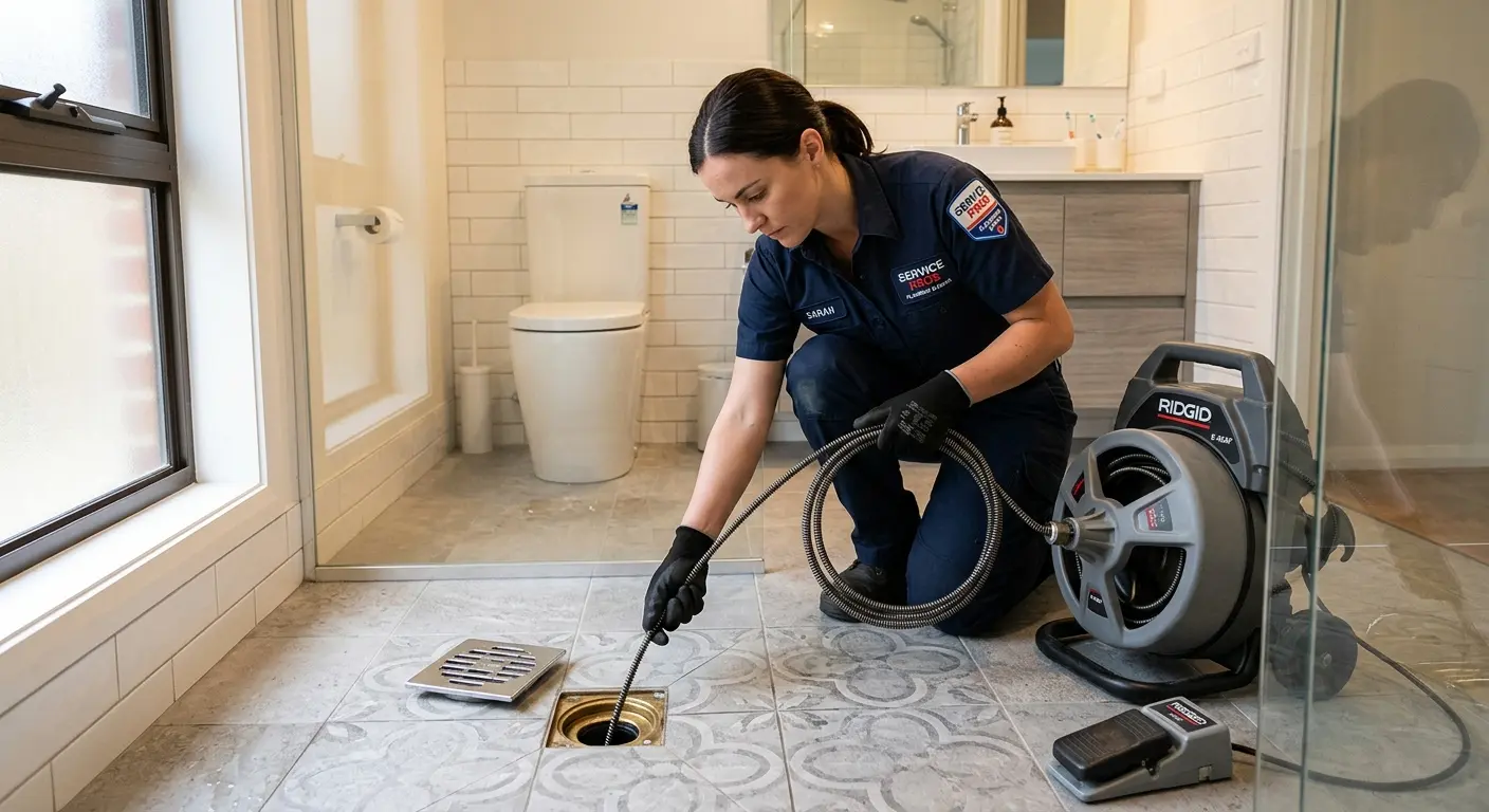 Technician clearing a bathroom floor drain for Hydro Jetting in Miramar Beach